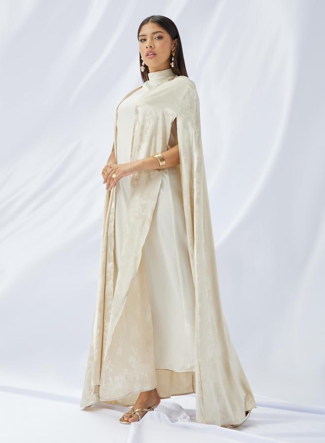 Styli Styli Stand Collar Satin Inner Dress with Jacquard Cape Abaya Set  - Image 1