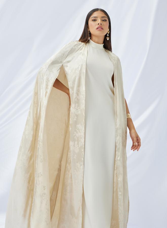 Styli Styli Stand Collar Satin Inner Dress with Jacquard Cape Abaya Set  - Image 2