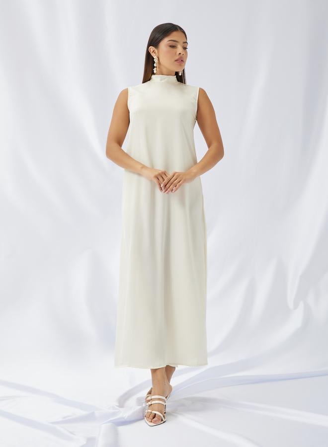 Styli Styli Stand Collar Satin Inner Dress with Jacquard Cape Abaya Set  - Image 5