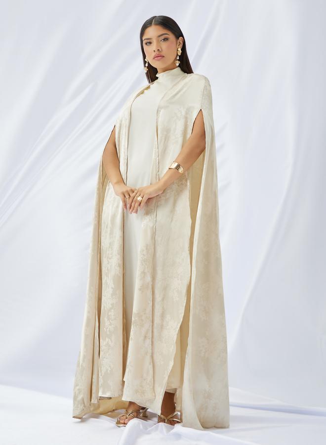 Styli Styli Stand Collar Satin Inner Dress with Jacquard Cape Abaya Set  - Image 3
