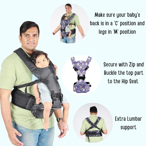 My Giraffe Hippy Snug 2-in-1 Hip Seat Baby Carrier with Detachable Top Part, Essentials Storage Space|Upto 20kgs|6 Carry Positions (Dino Print, Infant, Multicolor) - Image 5