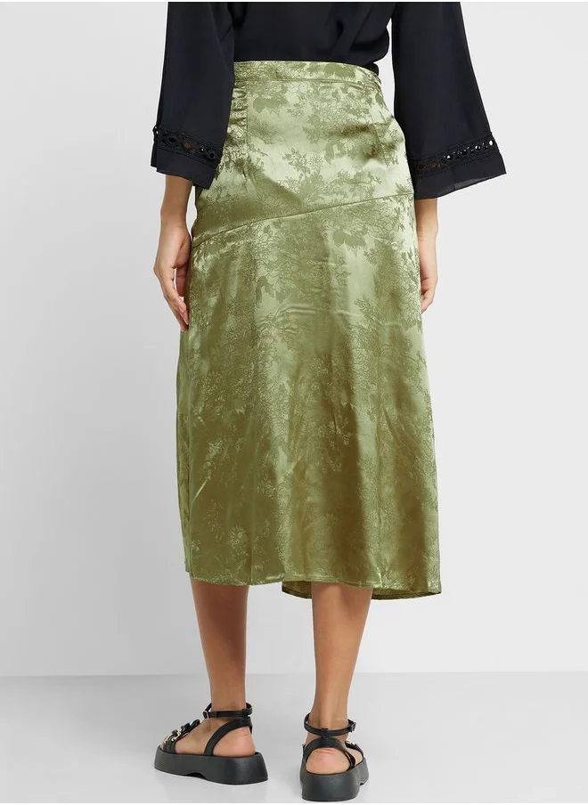 Ginger Ruched Floral Satin Skirt with Side Slit