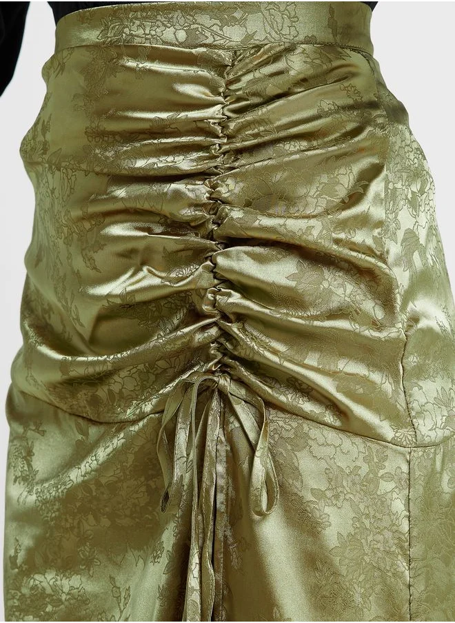 Ginger Ruched Floral Satin Skirt with Side Slit