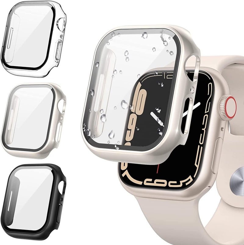 Tensea [3Pack for Apple Watch Screen Protector Case Series 9 8 7 45mm, iWatch Protective Face Cover, Tempered Glass Film Hard PC Bumper for Women Men, Ultra-Thin Guard (45 mm, Clear/Starlight/Black) - Image 1
