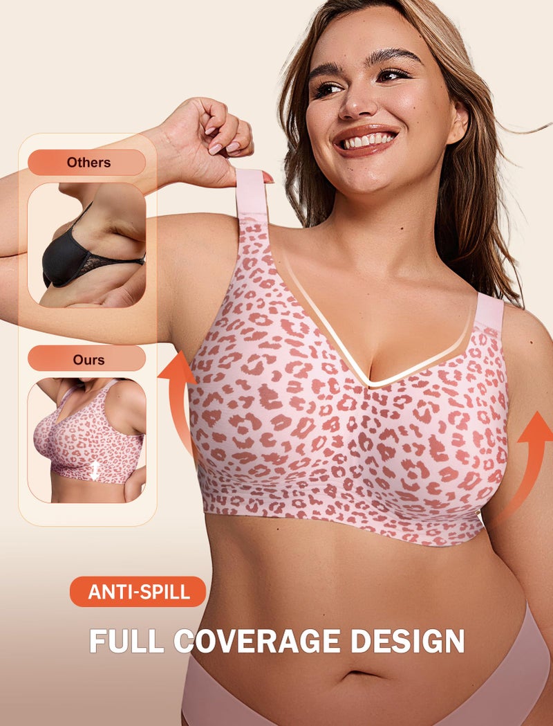 LetsJoli Jelly Bras for Women Push Up Bra Wireless No Underwire Supportive Full Coverage Plus Size for Older Women(Leopard Pink,XL) - Image 3