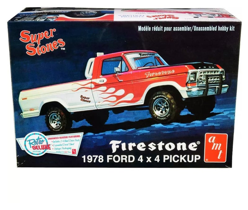 Platz AMT Skill 2 Model Kit 1978 Ford 4x4 Pickup Truck Firestone Super Stones 1/25 Scale Model - Image 1