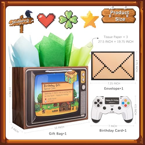 Crisky Gamer Birthday Gift Bag Set Pixel Art Design with Greeting Card Tissue Paper Stickers for Boys Men Video Game Party Favors Decorations 13 inch - Image 3