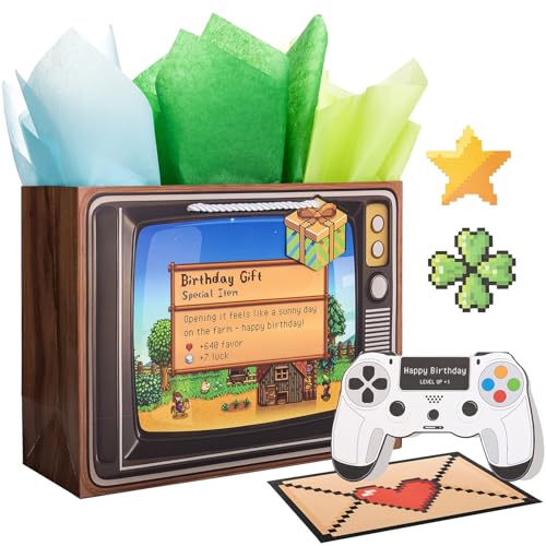 Crisky Gamer Birthday Gift Bag Set Pixel Art Design with Greeting Card Tissue Paper Stickers for Boys Men Video Game Party Favors Decorations 13 inch - Image 1