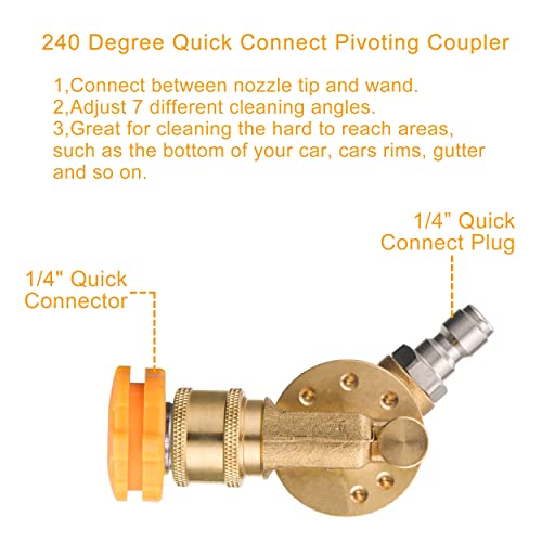 FIXFANS Pressure Washer Pivoting Coupler, 1/4” Quick Connect Gutter Cleaner Attachment, 240 Degree with 7 Angles for Power Washer Spray Nozzle, 4500PSI - Image 2