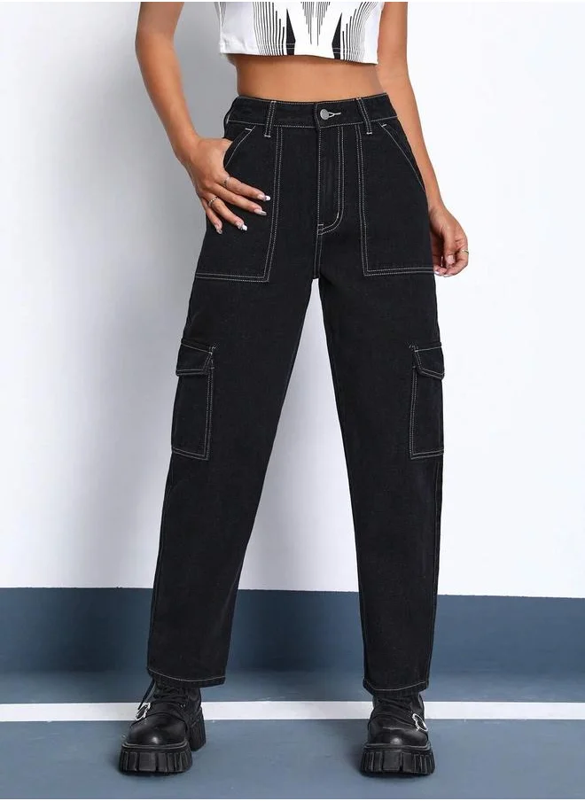 Kotty Solid High Rise Cargo Jeans