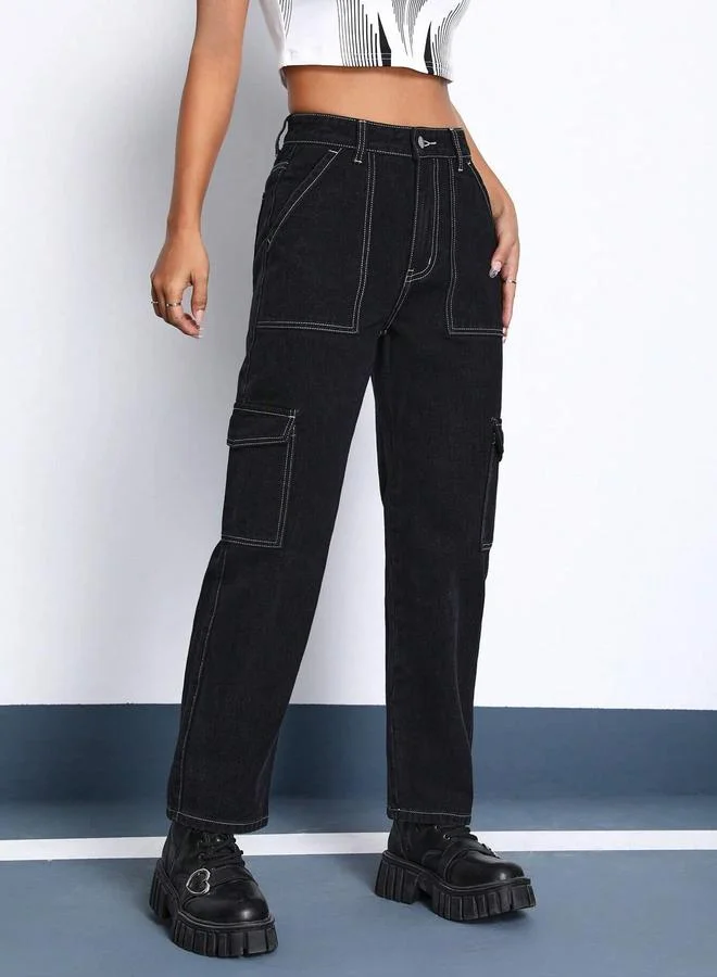 Kotty Solid High Rise Cargo Jeans by Styli