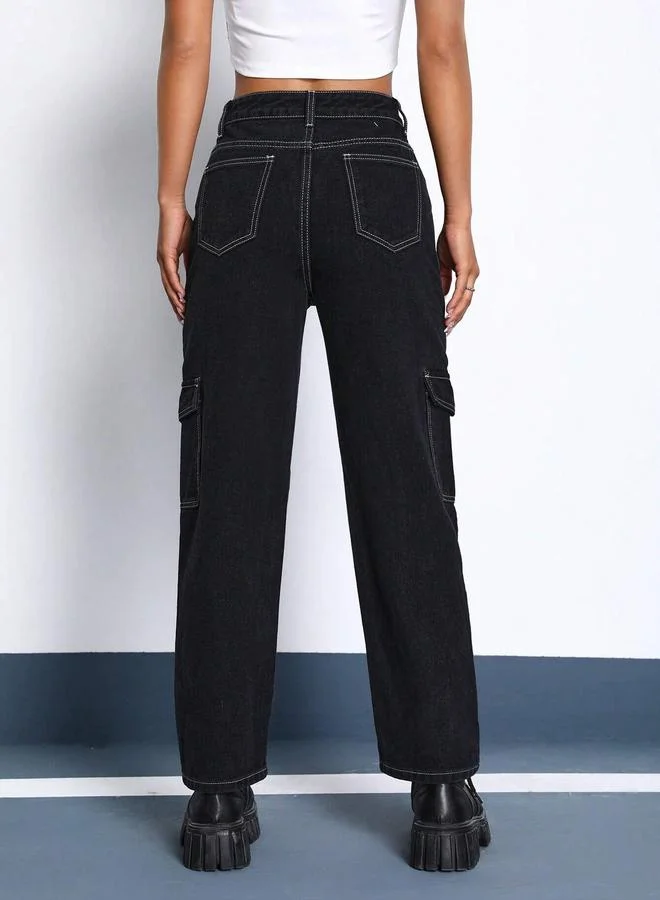 Kotty Solid High Rise Cargo Jeans by Styli
