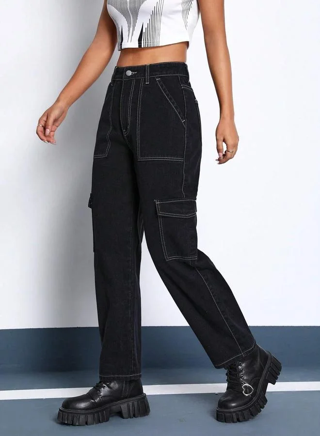 Kotty Solid High Rise Cargo Jeans by Styli