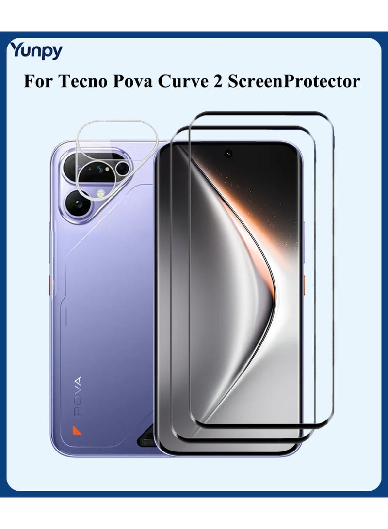 Yunpy [2+1 Packs] for Tecno Pova Curve 2 Tempered Glass Screen Protector with Camera Lens Film, Including 2 Pack Front Glass and 1 Pack Camera Lens Film, 9H Hardness HD Clear Anti-Scratch Anti-Fingerprint Bubble-Free Case Friendly Screen Protector - Image 1