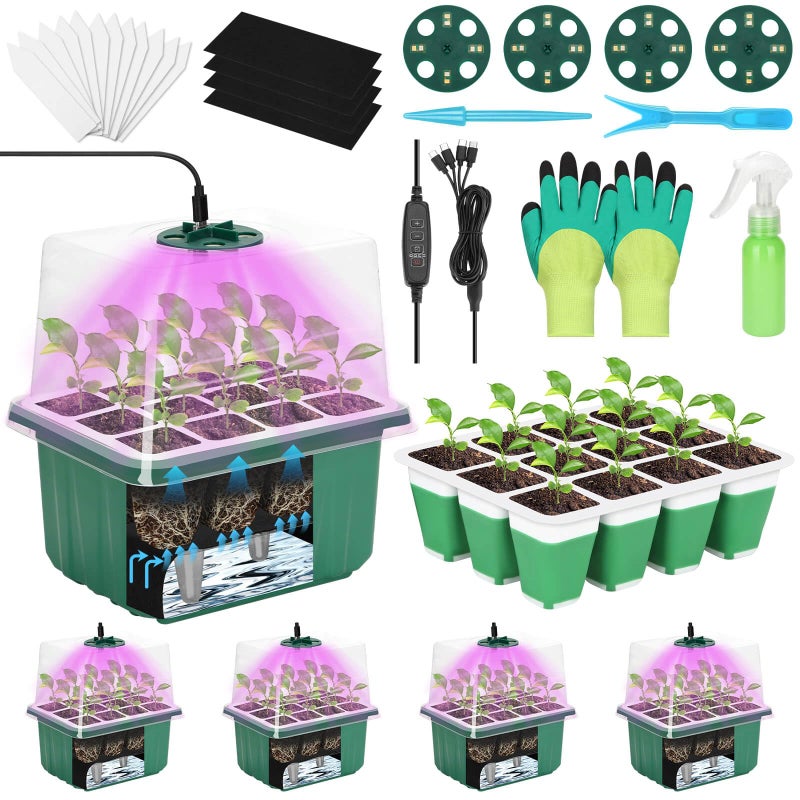 Mckanti 4 Set Self-Watering Seed Starter Tray Kits with Grow Light, Reusable Seed Germination Kit with Adjustable Humidity Domes and Silicone Cell Base Tray for Indoor Plant Seed Germination - Image 1
