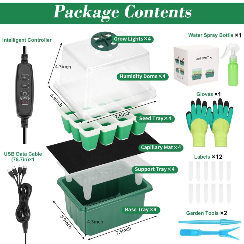 Mckanti 4 Set Self-Watering Seed Starter Tray Kits with Grow Light, Reusable Seed Germination Kit with Adjustable Humidity Domes and Silicone Cell Base Tray for Indoor Plant Seed Germination - Image 2