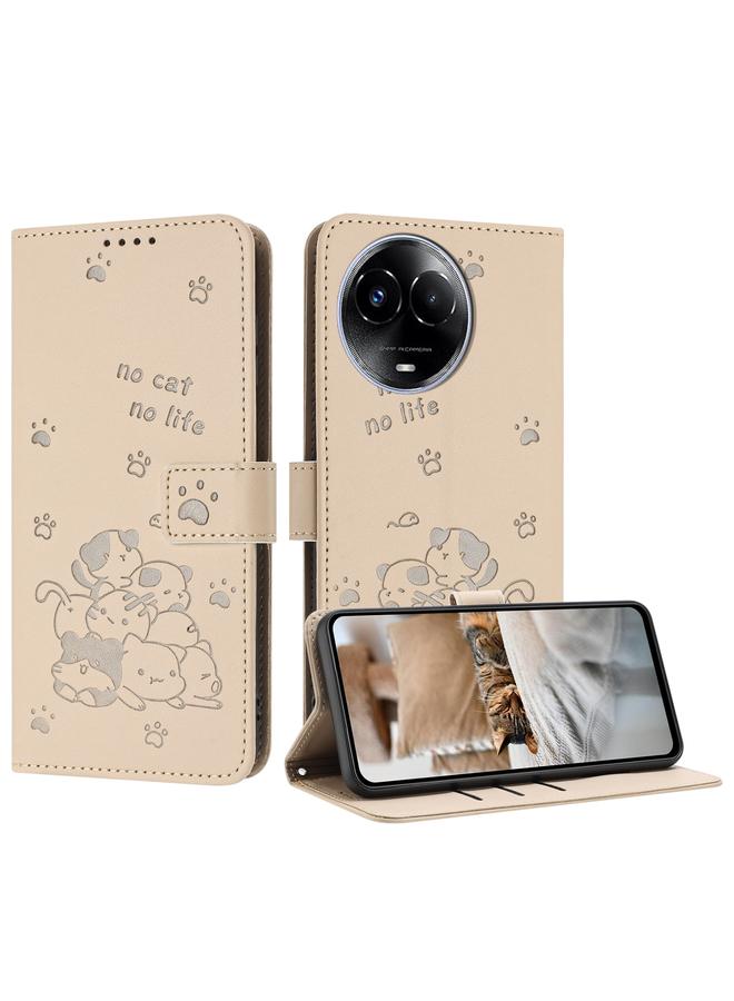 S-TOP Case For Realme 11 5G Global / 11x Embossed Kitten Phone Leather Case with Lanyard - Image 1