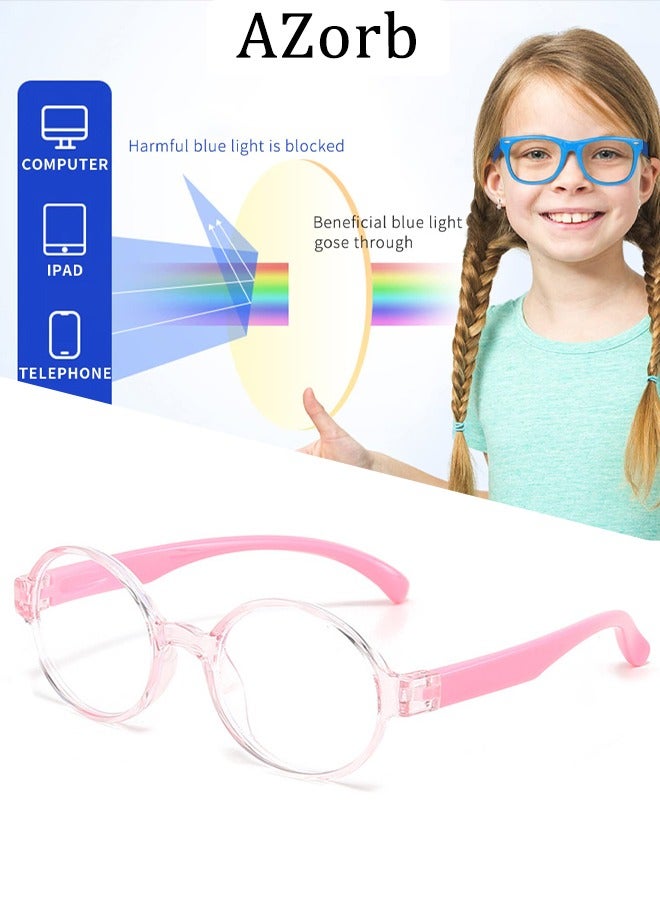 AZorb Kids Blue Light Glasses Boys Girls Round Soft Material Eyeglasses Blue Light Blocking Eye Glasses Light Weight UV Protection Reading Gaming Computer Phone Glasses for 4 to12 Years Pink  - Image 1