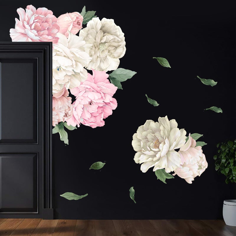 iinuu Large Pink and White Peony Wall Decals, Elegant Floral Stickers for Living Room Decor, Watercolor Vinyl Art for Bedroom, Master Bedroom & Home Decor - Image 1