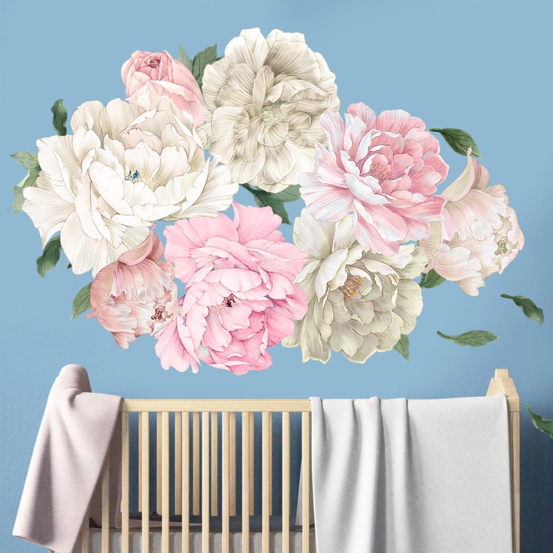 iinuu Large Pink and White Peony Wall Decals, Elegant Floral Stickers for Living Room Decor, Watercolor Vinyl Art for Bedroom, Master Bedroom & Home Decor - Image 3