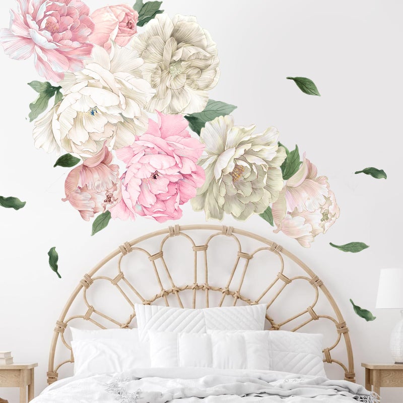 iinuu Large Pink and White Peony Wall Decals, Elegant Floral Stickers for Living Room Decor, Watercolor Vinyl Art for Bedroom, Master Bedroom & Home Decor - Image 5