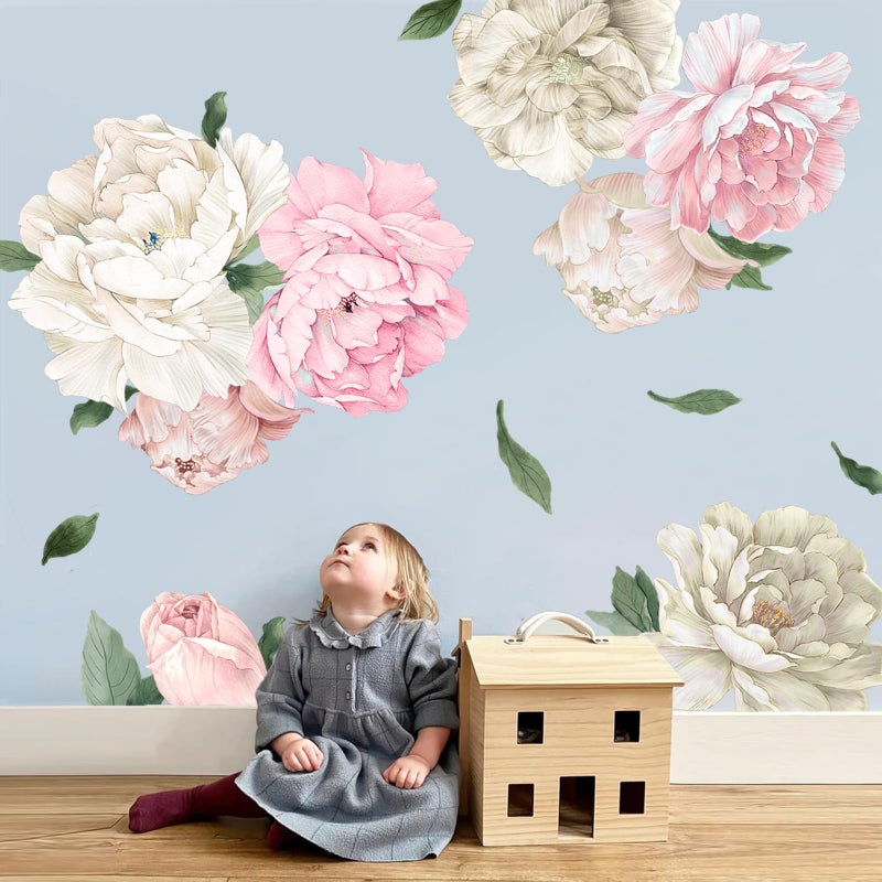 iinuu Large Pink and White Peony Wall Decals, Elegant Floral Stickers for Living Room Decor, Watercolor Vinyl Art for Bedroom, Master Bedroom & Home Decor - Image 4