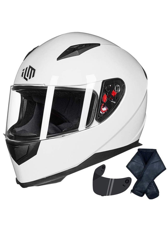 ILM Full Face Motorcycle Street Bike Helmet with Removable Winter Neck Scarf + 2 Visors DOT (S, White) - Image 1