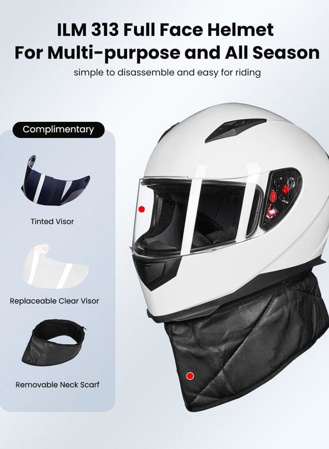 ILM Full Face Motorcycle Street Bike Helmet with Removable Winter Neck Scarf + 2 Visors DOT (S, White) - Image 2