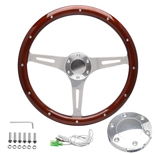 Somusen 15" Classic Wood Grain Steering Wheel Riveted Light Wood Grip Universal Automotive Steering Wheels Slotted 3 Spoke with Horn Button - Image 1