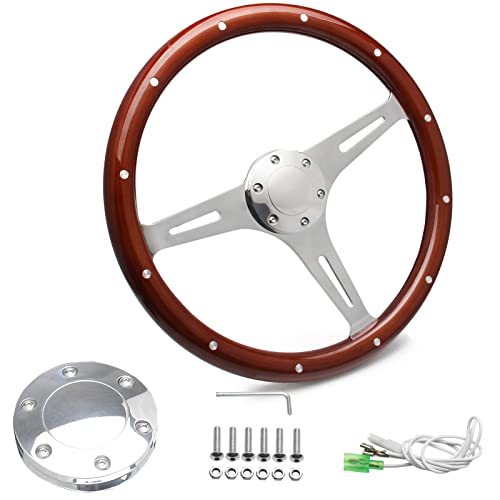 Somusen 15" Classic Wood Grain Steering Wheel Riveted Light Wood Grip Universal Automotive Steering Wheels Slotted 3 Spoke with Horn Button - Image 2