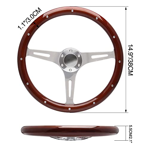 Somusen 15" Classic Wood Grain Steering Wheel Riveted Light Wood Grip Universal Automotive Steering Wheels Slotted 3 Spoke with Horn Button - Image 5