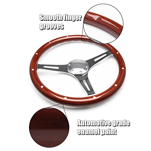 Somusen 15" Classic Wood Grain Steering Wheel Riveted Light Wood Grip Universal Automotive Steering Wheels Slotted 3 Spoke with Horn Button - Image 4
