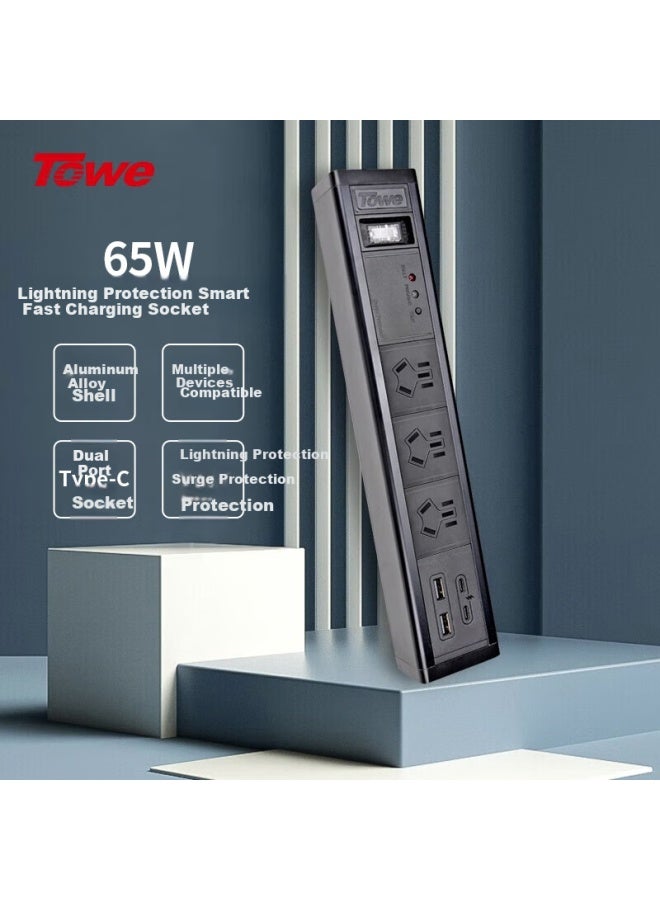 Towe 65w High Power Usb-c Desktop Gaming Pdu Surge Protector With 3 Ac Outlets, 5 Standard Outlets, 2 Usb Ports, And 2 Usb-c Ports In Black Aluminum Alloy Shell - Image 1