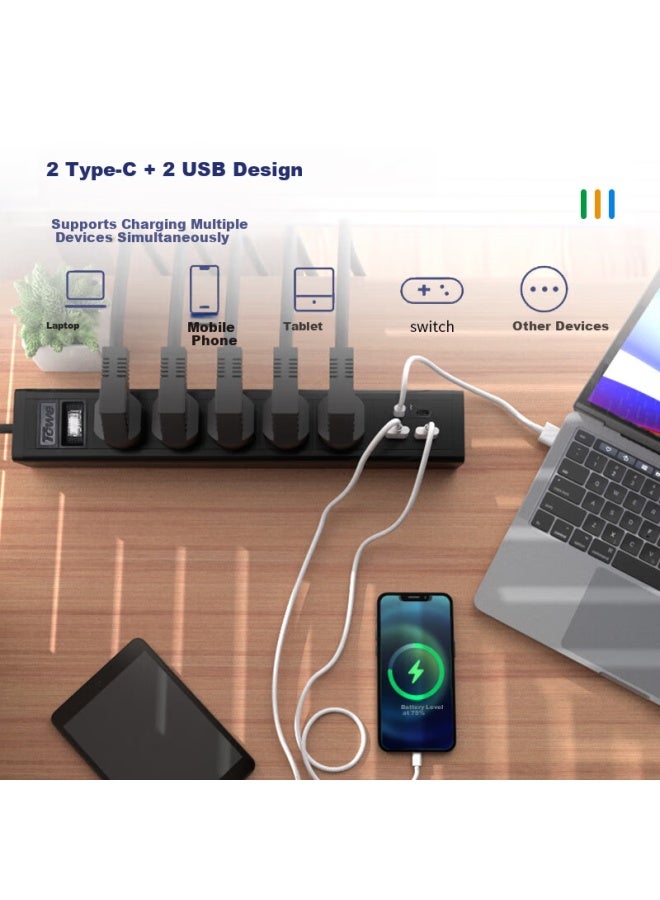 Towe 65w High Power Usb-c Desktop Gaming Pdu Surge Protector With 3 Ac Outlets, 5 Standard Outlets, 2 Usb Ports, And 2 Usb-c Ports In Black Aluminum Alloy Shell - Image 3