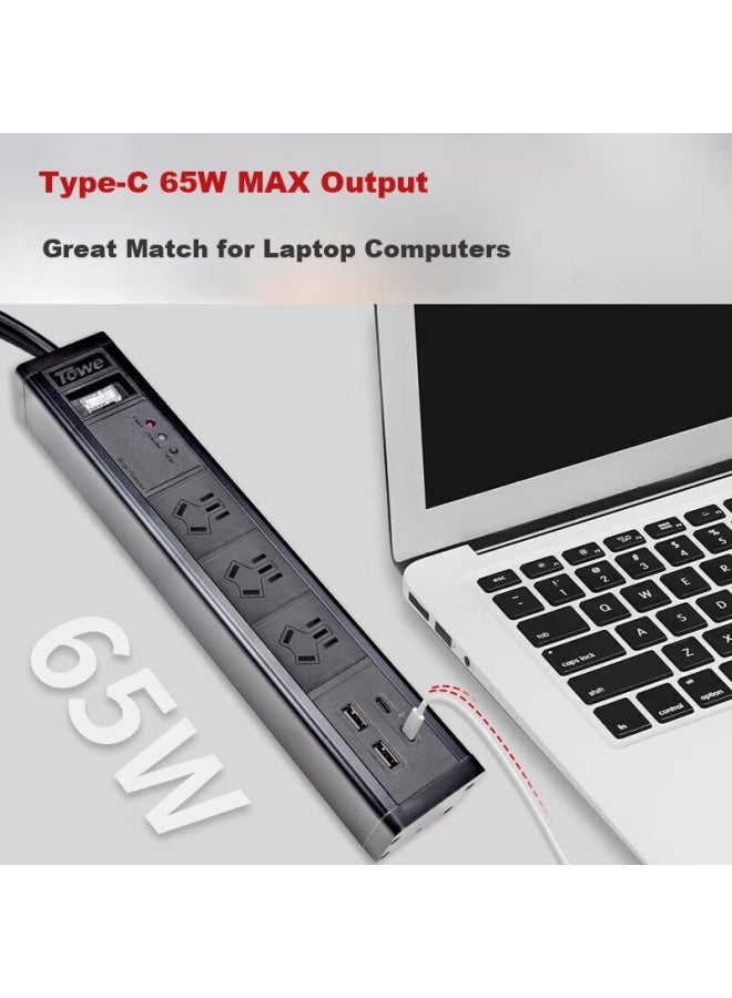 Towe 65w High Power Usb-c Desktop Gaming Pdu Surge Protector With 3 Ac Outlets, 5 Standard Outlets, 2 Usb Ports, And 2 Usb-c Ports In Black Aluminum Alloy Shell - Image 5