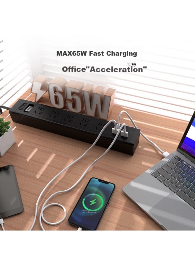 Towe 65w High Power Usb-c Desktop Gaming Pdu Surge Protector With 3 Ac Outlets, 5 Standard Outlets, 2 Usb Ports, And 2 Usb-c Ports In Black Aluminum Alloy Shell - Image 2