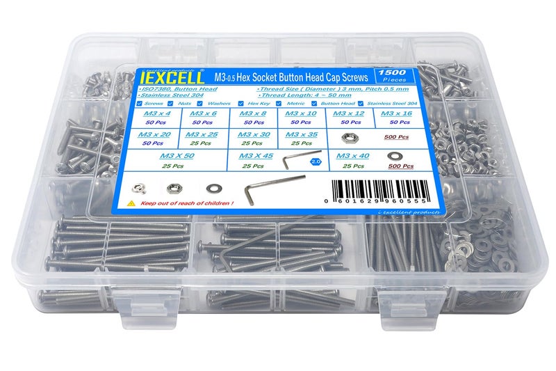 iexcell 1500 Pcs M3 x 4/6/8/10/12/16/20/25/30/35/40/45/50 Stainless Steel 304 Hex Socket Button Head Cap Screws Bolts Nuts Washers Assortment Kit - Image 1