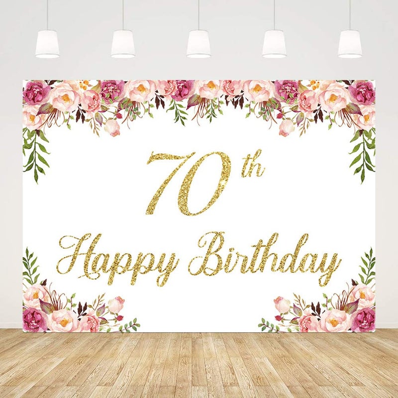 ABLIN 7x5ft Happy 70th Birthday Backdrop for Women Pink Flowers Photography Background 70th Birthday Decorations for Women Cake Table Banner Photo Shoot Props CQ302