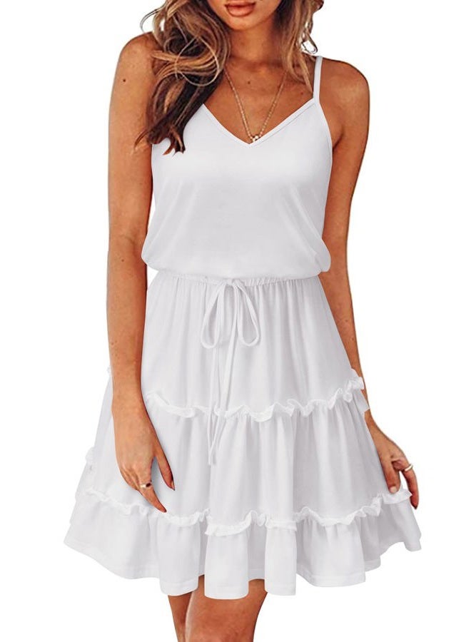 Newshows Women's Summer Casual Dress Cute A Line Ruffle Hem Flattering Fit Beach Vacation Sundress, White, M - Image 1