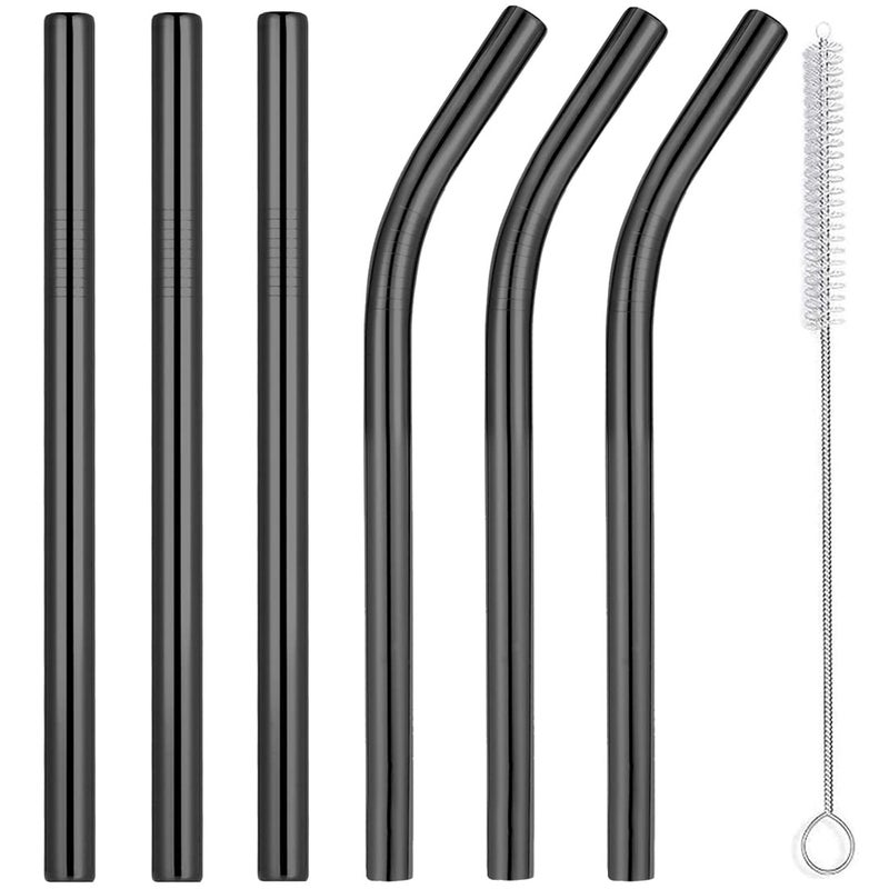 Vinaco Reusable Smoothie Straws & Milkshake Straws 0.4" Wide Mouth Straw, Set of 6 Stainless Steel Straws 8.5"&10.5" with 1 Long Straw Cleaner Brushï¼ŒBlack Metal Straws for Jumbo Thicker Drinks - Image 1