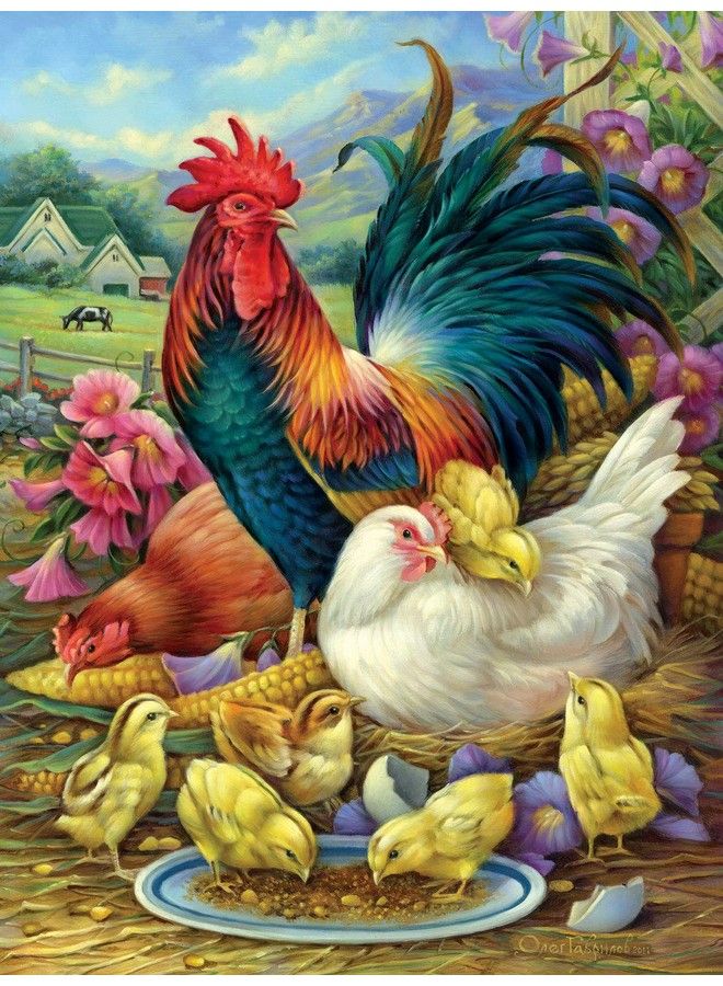 Bits and Pieces 1000 Piece Jigsaw Puzzle For Adults 20" X 27"  Chicken Yard 1000 Pc Farm Feeding Chickens And Rooster Chicks Jigsaw By Artist Oleg Gavrilov - Image 3