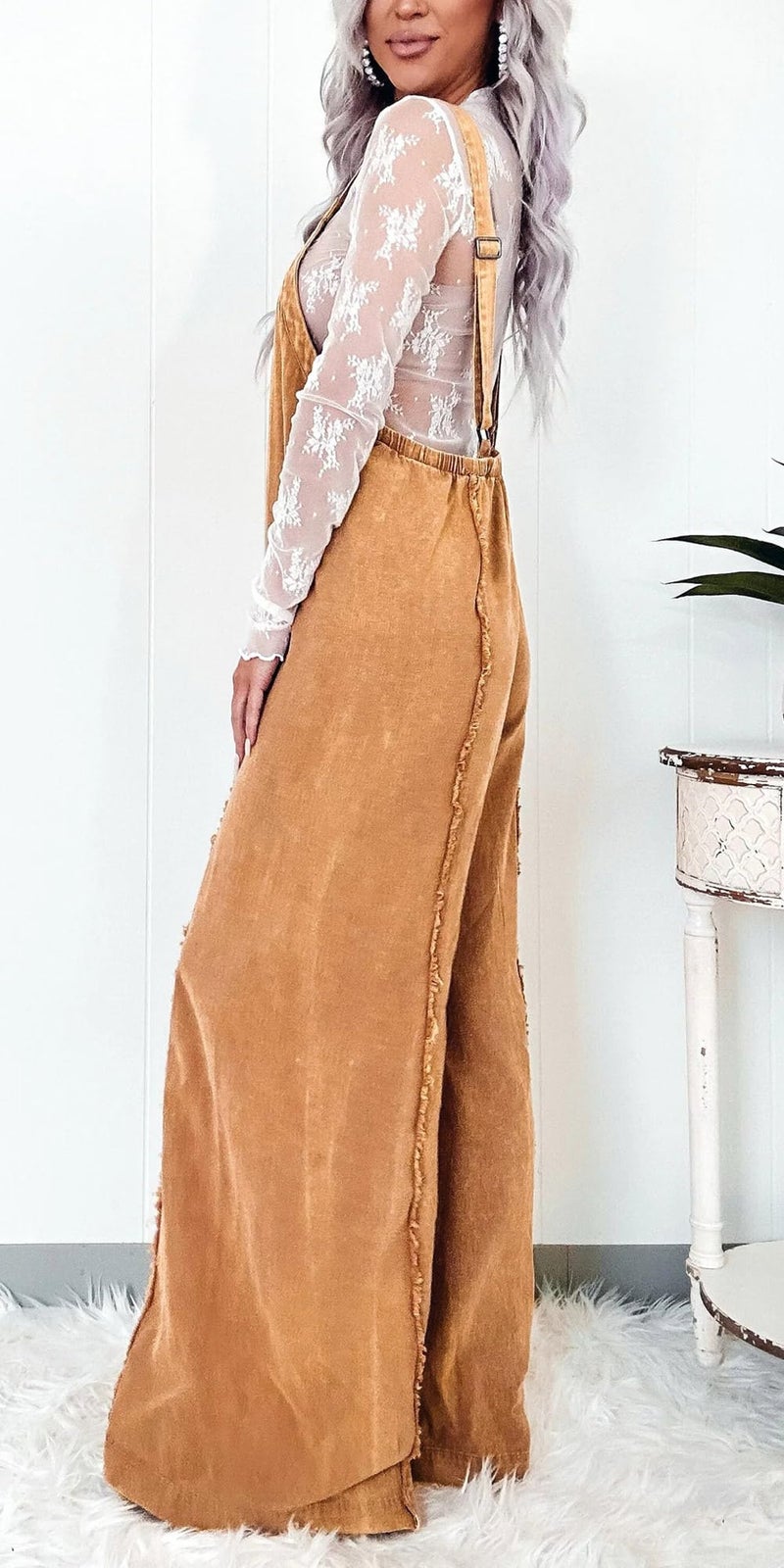CHARTOU Women Loose Fit Denim Jumpsuit Adjustable Straps Wide Leg Long Pants Frayed Jean Overalls (Large, Tan) - Image 3