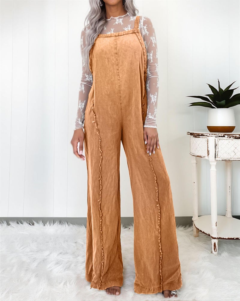 CHARTOU Women Loose Fit Denim Jumpsuit Adjustable Straps Wide Leg Long Pants Frayed Jean Overalls (Large, Tan) - Image 2