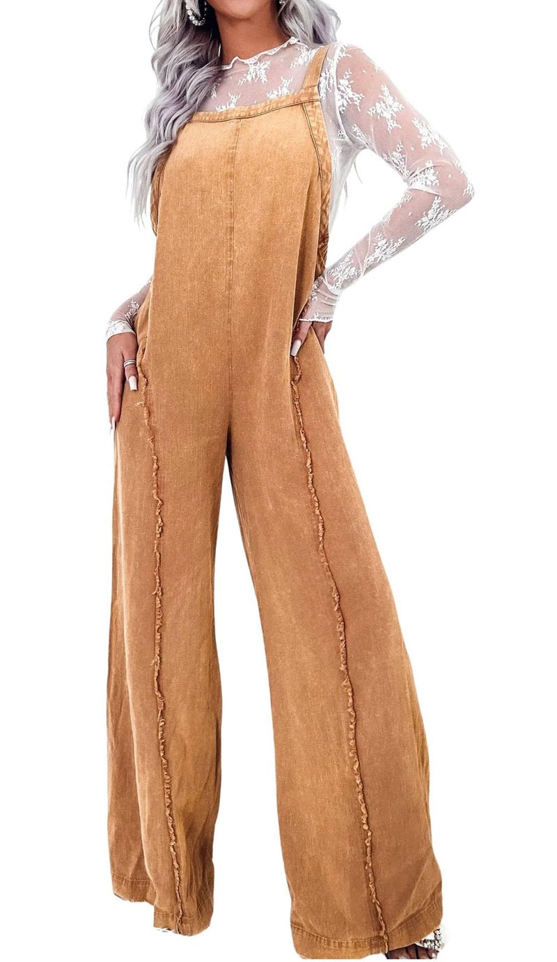 CHARTOU Women Loose Fit Denim Jumpsuit Adjustable Straps Wide Leg Long Pants Frayed Jean Overalls (Large, Tan) - Image 1