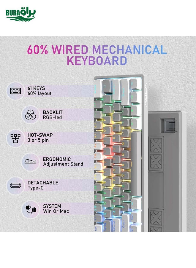AULA F3261 Type-C Wired Hot Swappable 61 Keys RGB Mechanical Keyboard(White Grey Green Shaft)