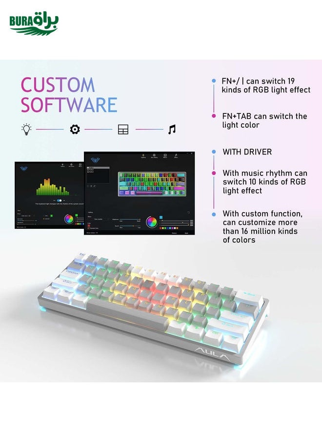 AULA F3261 Type-C Wired Hot Swappable 61 Keys RGB Mechanical Keyboard(White Grey Green Shaft)