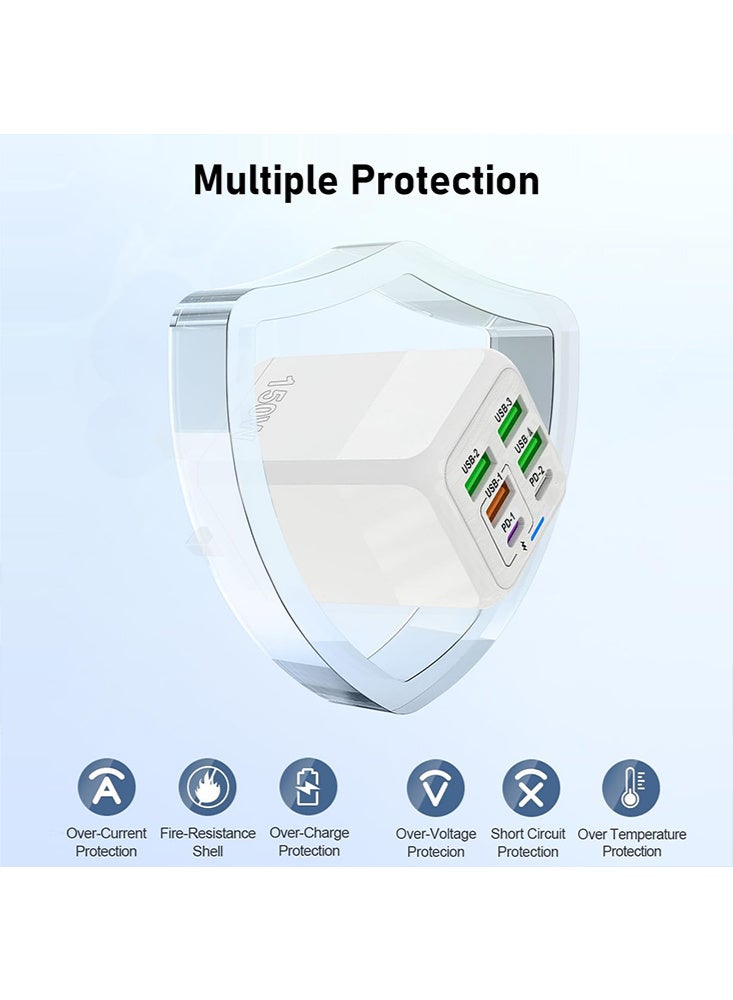 إكس ليفيل محول شحن سريع عالمي متعدد الوظائف، 150 واط، 6 منافذ، شاحن هاتف محمول، محول طاقة عالمي للسفر، لوحة شحن، وشواحن كمبيوتر، شاحن حائط دولي، QC3.1، PD25W، USB3.1A، مناسب لأجهزة iPhone 16/15/14/13/12/11، Samsung Galaxy S25 Ultra /S24/Galaxy Z Fold 3، A14 A42 A53، A54 A71، iPad، AirPods، أبيض. - Image 4