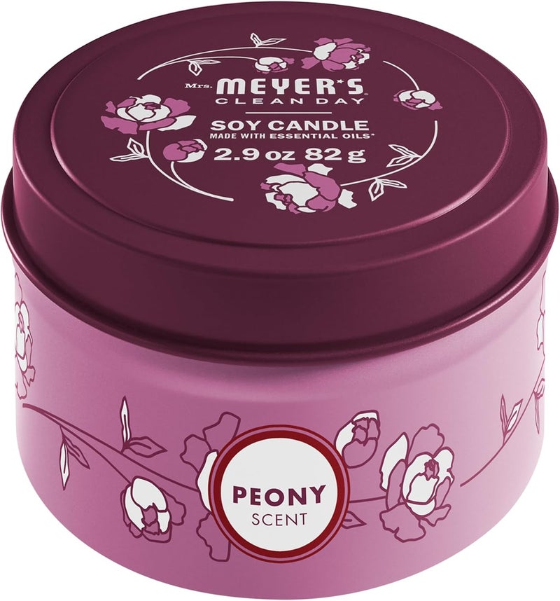 MRS. MEYER'S CLEAN DAY Soy Tin Candle, 12 Hour Burn Time, Made with Soy Wax and Essential Oils, Peony, 2.9 Oz - Image 1