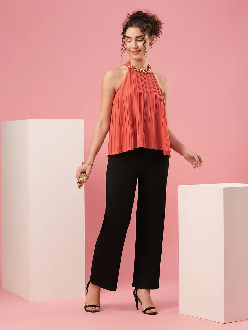 globus Women Rust Halter Neck Accordion Pleats Crepe Top