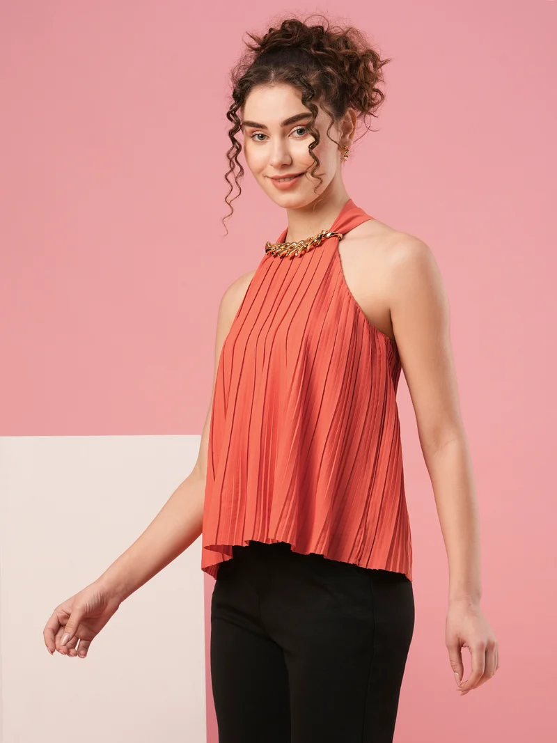 globus Women Rust Halter Neck Accordion Pleats Crepe Top